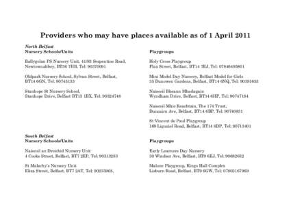 Providers who may have places available as of 1 April 2011 North Belfast Nursery Schools/Units Playgroups