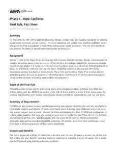 Cooling Water Intakes—Final Rule, Phase I, Fact Sheet; November 2001
