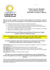 8 Mars Journée Mondiale de la Lutte des Femmes : le 8 mars a 100 ans 100 ans de luttes, d’espoirs et de victoires qui ont changé la vie des femmes, comme le droit de vote, le droit à la contraception et à