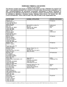 NEBRASKA TIMBER & LOG BUYERS (October 30, 2012 Update) This directory includes active buyers of standing timber and/or cut logs in Nebraska who request to be listed. It was originally developed from a survey of all known