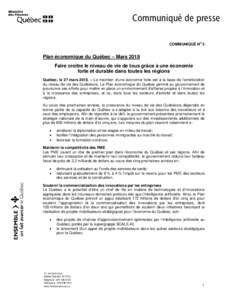 Communiqué de presse o COMMUNIQUÉ N 5  Plan économique du Québec – Mars 2018
