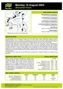 Monday 16 August[removed]Boscastle Flood) Daily weather extremes Highest Maximum Temperature: 24.4 °C at Coltishall (Norfolk) Lowest Maximum Temperature: