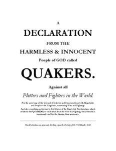 A DECLARATION FROM THE HARMLES & INNOCENT People of GOD called QUAKERS