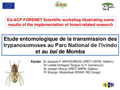 EU-ACP FORENET Scientific workshop illustrating some results of the implementation of forest-related research Etude entomologique de la transmission des trypanosomoses au Parc National de l’Ivindo et au baï de Momba
