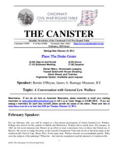 ______________________________________________________________________________  THE CANISTER Monthly Newsletter of the Cincinnati Civil War Round Table Cincinnati CWRT P. O. Box