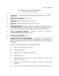 Revised: [removed]INDIAN WELLS VALLEY WATER DISTRICT Essential Function Job Description ______________________________________________________________________________ 1.