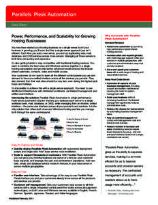 Parallels Plesk Automation ® Data Sheet  Power, Performance, and Scalability for Growing