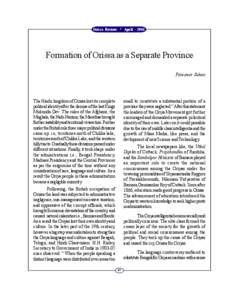 Orissa Review * April[removed]Formation of Orissa as a Separate Province Pareswar Sahoo  The Hindu kingdom of Orissa lost its complete