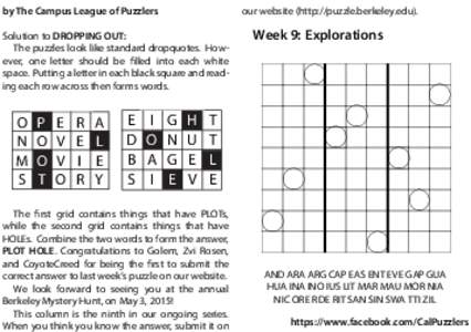 by The Campus League of Puzzlers  our website (http://puzzle.berkeley.edu). Solution to DROPPING OUT: The puzzles look like standard dropquotes. However, one letter should be filled into each white