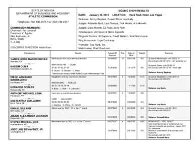 STATE OF NEVADA DEPARTMENT OF BUSINESS AND INDUSTRY ATHLETIC COMMISSION BOXING SHOW RESULTS DATE: