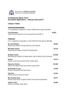 Contemporary Music Panel Successful Applications – February Round 2013 Category Total(s) Commercial Development 1 of 3 applications supported to a total of $8,800 (total request: $46,399). Tura New Music