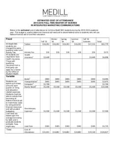 ESTIMATED COST OF ATTENDANCEFULL-TIME MASTER OF SCIENCE IN INTEGRATED MARKETING COMMUNICATIONS Below is the estimated cost of attendance for full-time Medill IMC students during theacademic year. Th