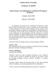 Raisin Charter Township Ordinance No[removed]Raisin Charter Township Business certificate of Occupancy Ordinance Adopted : [removed]