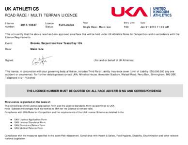 UK ATHLETICS ROAD RACE / MULTI TERRAIN LICENCE Licence number:  