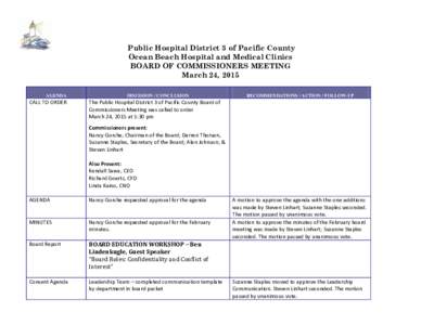 Public Hospital District 3 of Pacific County Ocean Beach Hospital and Medical Clinics BOARD OF COMMISSIONERS MEETING March 24, 2015 AGENDA