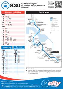 830  To Queanbeyan via Russell, Barton, Manuka & Kingston