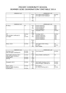 PRIORY COMMUNITY SCHOOL SUMMER GCSE EXAMINATION TIMETABLE 2014 MORNING 9.15 Thurs 8 May