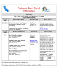 California Food Recall Information Recall Name Ruiz Foods Recalls Select Beef Taquitos and Tornados Due to Safety Concerns Recall