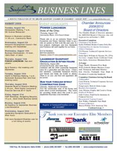 BUSINESS LINES A MONTHLY PUBLICATION OF THE GREATER SANDPOINT CHAMBER OF COMMERCE ▪ AUGUST 2009 ▪ www.sandpointchamber.com AUGUST 2009 Tuesday, August 4th Ambassador Meeting, 7 a.m.,