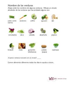 Nombre de las verduras Abajo están los nombres de algunas verduras. Dibuja un círculo alrededor de las verduras que has probado alguna vez: judías verdes (ejotes)