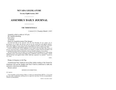 NEVADA LEGISLATURE Seventy-Eighth Session, 2015 ASSEMBLY DAILY JOURNAL THE THIRTIETH DAY CARSON CITY (Tuesday) March 3, 2015