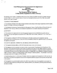 Cash Management Improvement Act Agreement between The State· of Oregon and The Secretary of the Treasury, United States Department of the Treasury