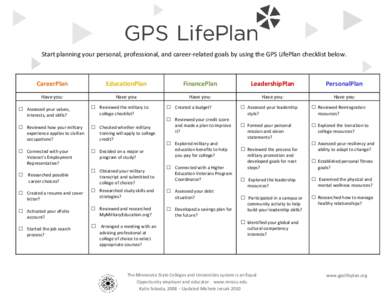 Start planning your personal, professional, and career-related goals by using the GPS LifePlan checklist below.  CareerPlan EducationPlan