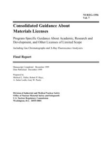 NUREG-1556 Vol. 7 Consolidated Guidance About Materials Licenses Program-Specific Guidance About Academic, Research and