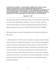 STATEMENT OF DANIEL N. WENK, DEPUTY DIRECTOR, NATIONAL PARK SERVICE, DEPARTMENT OF THE INTERIOR, BEFORE THE SENATE SUBCOMMITTEE ON NATIONAL PARKS OF THE COMMITTEE ON ENERGY AND NATURAL RESOURCES, CONCERNING S. 189, TO DE