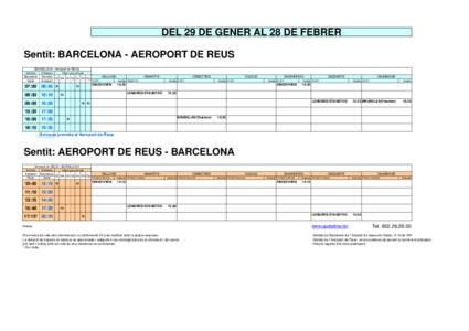 DEL 29 DE GENER AL 28 DE FEBRER Sentit: BARCELONA - AEROPORT DE REUS BARCELONA - Aeroport de REUS Sortida Arribada Dies que circula