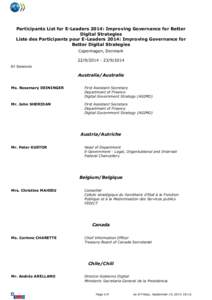 Participants List for E-Leaders 2014: Improving Governance for Better Digital Strategies Liste des Participants pour E-Leaders 2014: Improving Governance for Better Digital Strategies Copenhagen, Denmark[removed]
