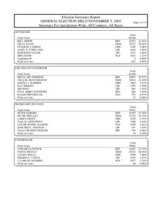 Election Summary Report GENERAL ELECTION HELD NOVEMBER 5, 2002 Summary For Jurisdiction Wide, All Counters, All Races Page:1 of 13