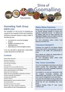 June | Winter[removed]Goomalling Youth Group wants you! The committee is in the process of completing the program for the remainder of 2014 and is looking for