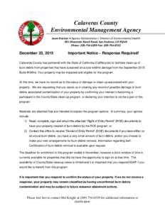 Calaveras County Environmental Management Agency Jason Boetzer ♦ Agency Administrator / Director of Environmental Health 891 Mountain Ranch Road, San Andreas, CAPhone: Fax: 
