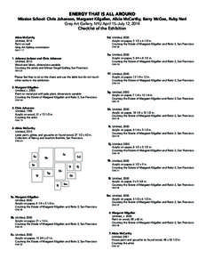 ENERGY THAT IS ALL AROUND  Mission School: Chris Johanson, Margaret Kilgallen, Alicia McCarthy, Barry McGee, Ruby Neri Grey Art Gallery, NYU April 15–July 12, 2014 Checklist of the Exhibition Alicia McCarthy