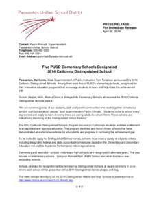 PRESS RELEASE For Immediate Release April 30, 2014 Contact: Parvin Ahmadi, Superintendent Pleasanton Unified School District
