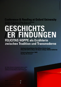 © Larissa Frank ([removed])  Conference & Reading at Oxford University November 30, The Queen‘s College, Shulman Auditorium December 1, St Hilda‘s College, Lady Brodie Room