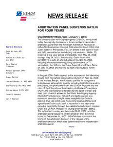 NEWS RELEASE ARBITRATION PANEL SUSPENDS GATLIN FOR FOUR YEARS