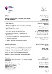 Subject: SCHOOL DEVELOPMENT PLANNING AND TARGET SETTING (PRIMARY) Target Audience: • Principals and Boards of Governors of all grant-aided