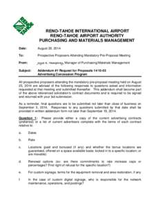 RENO-TAHOE INTERNATIONAL AIRPORT RENO-TAHOE AIRPORT AUTHORITY PURCHASING AND MATERIALS MANAGEMENT Date:  August 29, 2014