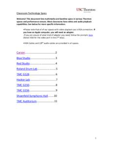 Classroom Technology Specs Welcome! This document lists multimedia and backline specs in various Thornton spaces and performance venues. Most classrooms have video and audio playback capabilities. See below for more spec