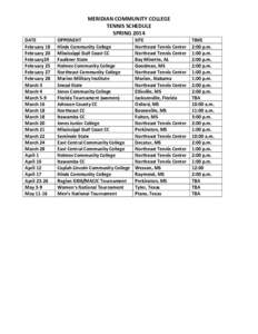 MERIDIAN	
  COMMUNITY	
  COLLEGE	
   TENNIS	
  SCHEDULE	
   SPRING	
  2014	
   DATE	
   February	
  18	
  	
   February	
  20	
  