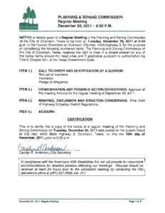 MINUTES CITY OF DICKINSON PLANNING AND ZONING COMMISSION Tuesday, October 18, 2011 Regular Meeting  A Regular Meeting of the Planning and Zoning Commission of the City of Dickinson, Texas held