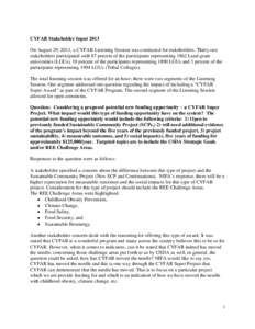 CYFAR Stakeholder Input 2013 On August 29, 2013, a CYFAR Listening Session was conducted for stakeholders. Thirty one stakeholders participated with 87 percent of the participants representing 1862 Land-grant universitie