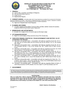 AGENDA OF THE SECOND REGULAR MEETING OF THE CITY COMMISSION OF RIO GRANDE CITY WEDNESDAY, JUNE 18, [removed]:00 PM COMMISSION CHAMBERS, CITY HALL Call to order,