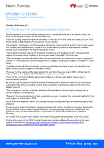 News Release Minister Ian Hunter Minister for Sustainability, Environment and Conservation Thursday, 18 December, 2014