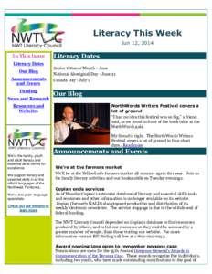 Literacy This Week Jun 12, 2014 In This Issue Literacy Dates Our Blog Announcements