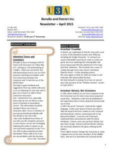 Benalla and District Inc. Newsletter – April 2015 P O Box 583 Benalla 3672 Editor: Judith Borthwick 