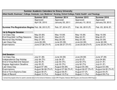 Summer Academic Calendars for Emory University Allied Health, Business*, College, Graduate, Law, Medicine*, Nursing, Oxford College, Public Health*, and Theology Summer 2014 Approved: January 20, 2011