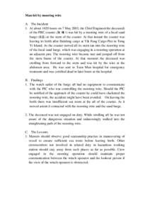 Man hit by mooring wire A. The Incident 1. At about 1620 hours on 7 May 2003, the Chief Engineer(the deceased) of the PRC coaster (海 暉 3) was hit by a mooring wire of a local sand barge (永迅) at the stern of the c